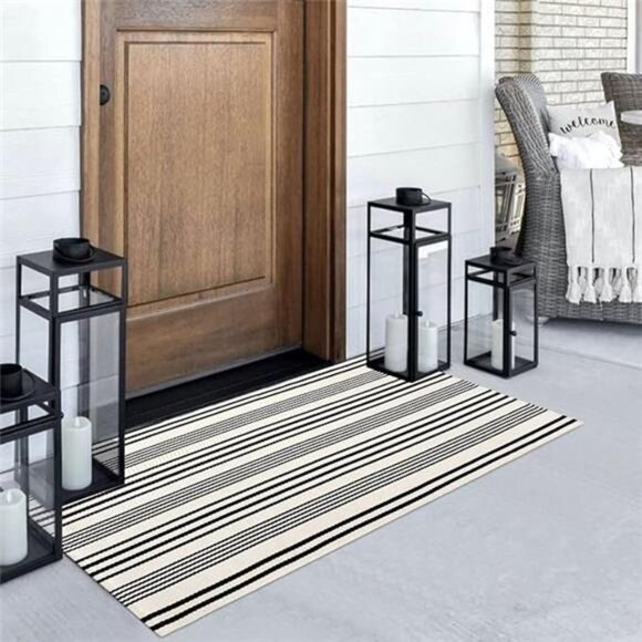 Black and White Striped Outdoor Rug, 2’ x 4.3’ Cotton Hand-Woven Reversible - Picture 8 of 8